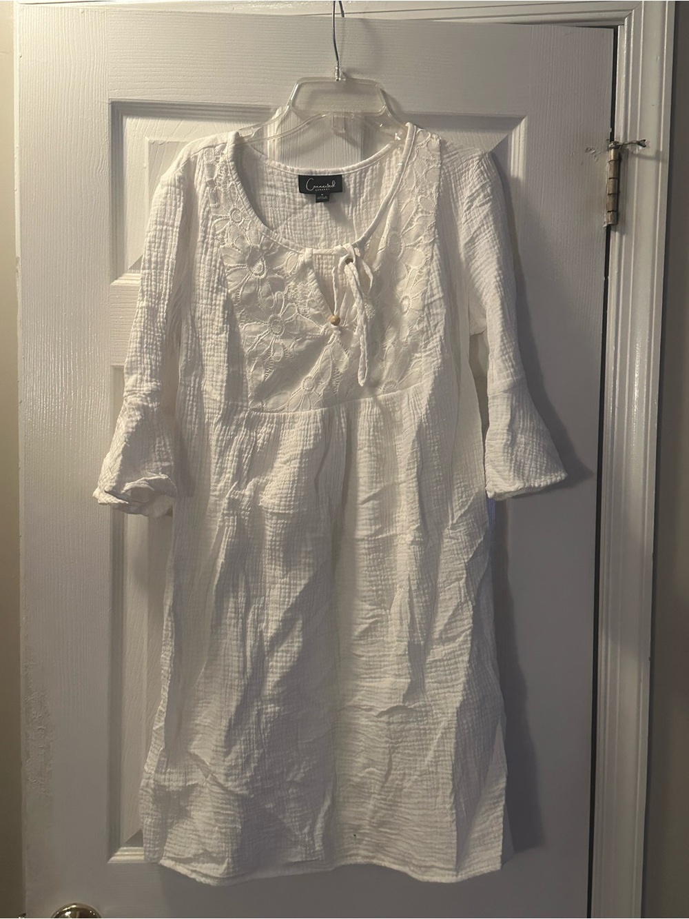 connected apparel White Long-Sleeve Embroidered Peasant Dress